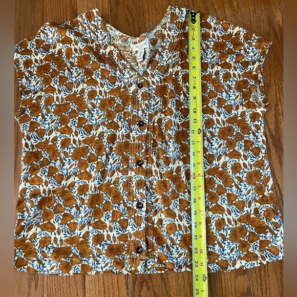 Rachel Zoe Linen Top Mustard floral Print Cap Sleeve Relax Fit Babydoll Prairie - Picture 3 of 7